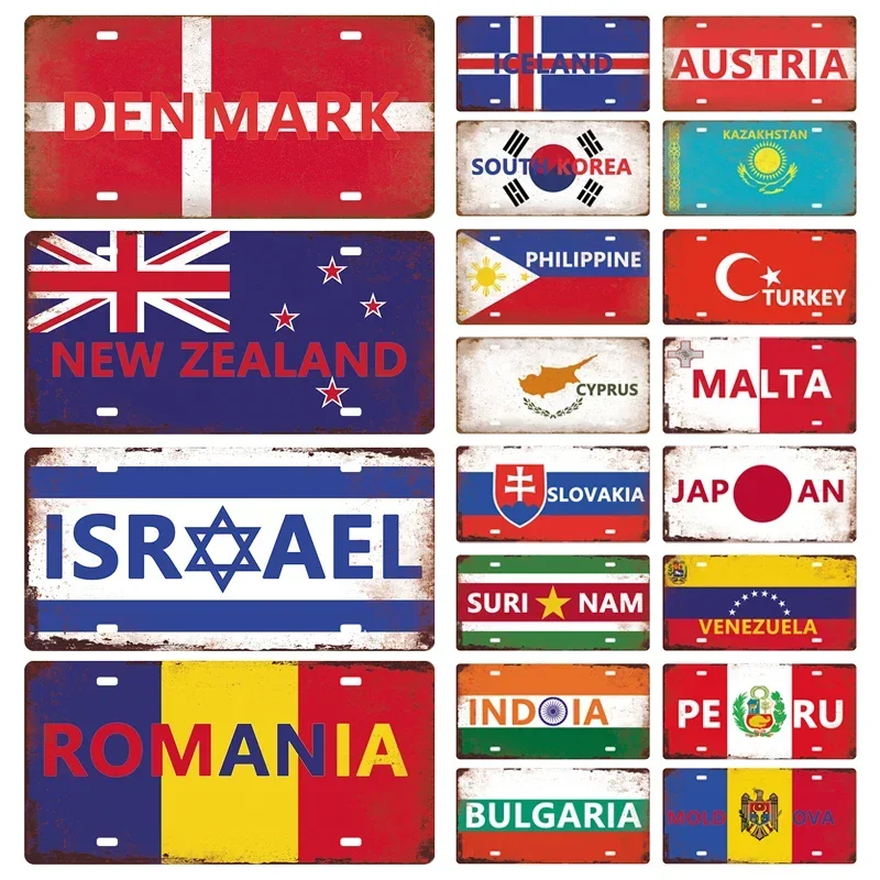 High Definition Metal Tin Sign, Vintage World Country Flag License Plate Wall Art, Retro National Emblem Decor Plaque for Bar Ga