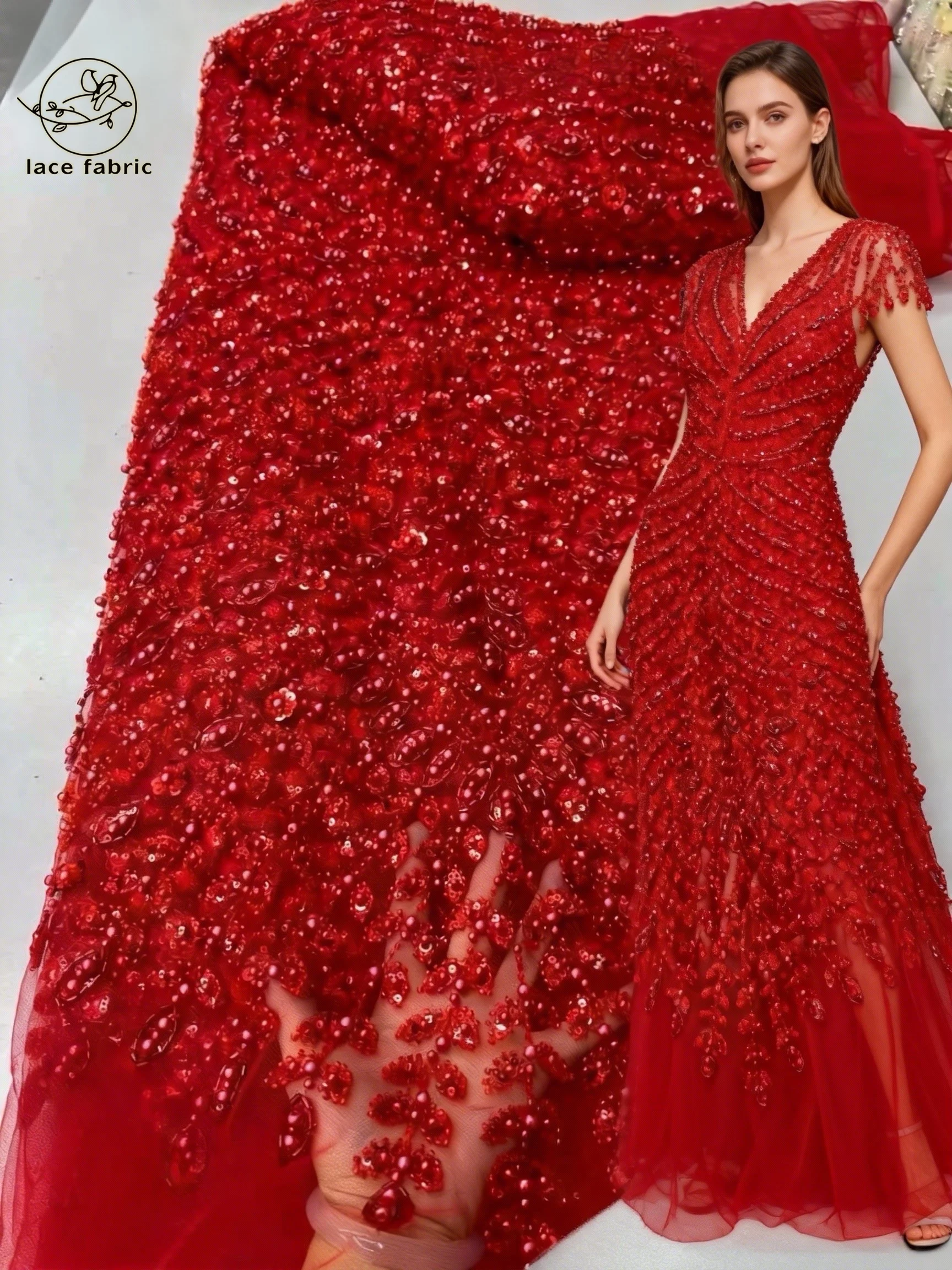 

Red African Beaded Lace Fabric 2026 High-Quality Lace Nigerian French Sequined Mesh Lace Fabric Ideal for Wedding Party Dresses
