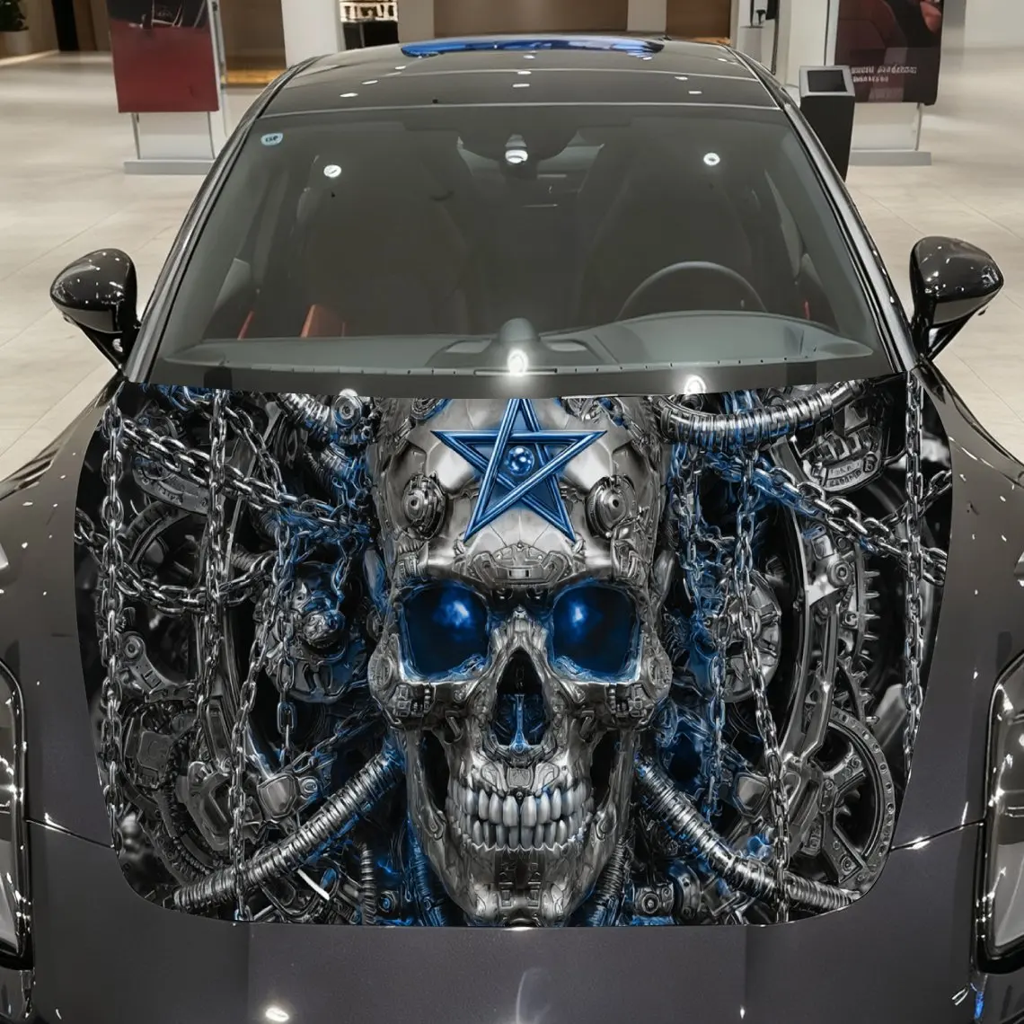 

Mechanical Skull Chain-bound Star-pattern Car Vinyl Wrap, PVC Material Waterproof Car Hood Sticker, Self-Adhesive Scratch-Resist