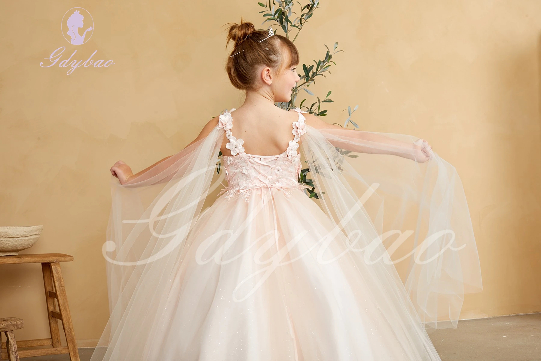 Vestido de niña de flores de encaje rosa para apliques de boda mangas cortas hinchadas hasta el suelo desfile de princesa vestido de fiesta de cumpleaños para niños