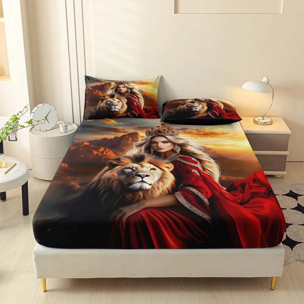3pcs Lion Pattern Print Fitted Sheet  Soft And Comfortable, Breathable And Durable, with Deep Pockets, Perfect Fit
