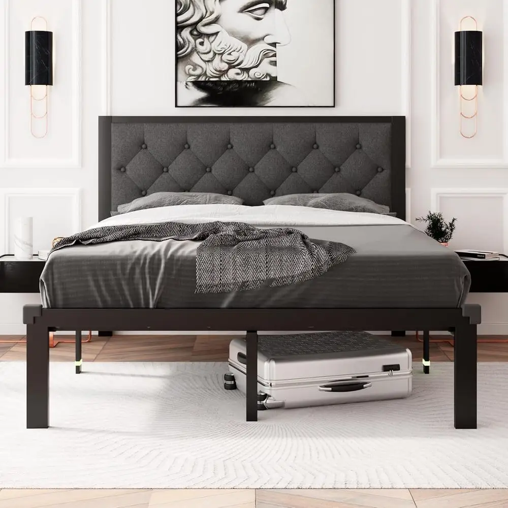 

Gray Heavy-Duty Linen-Upholstered Platform Bed with 12 Storage, Steel Slat Support, No Box Spring Needed