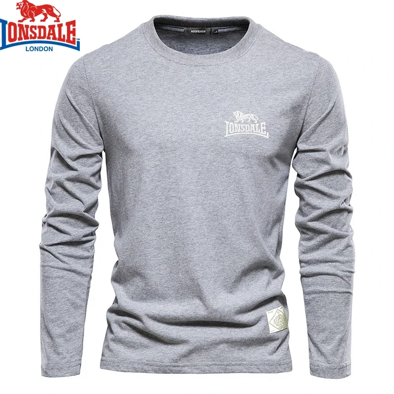 T-shirt a maniche lunghe girocollo in puro cotone 100% LONSDALE ricamata per sport all\'aria aperta casual di alta qualità da uomo