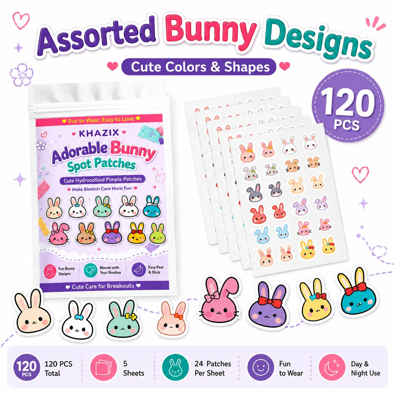 120pcs Cartoon acne patch, cute cat-shaped facial concealer acne patch, safe, non-toxic, gentle and non-irritating