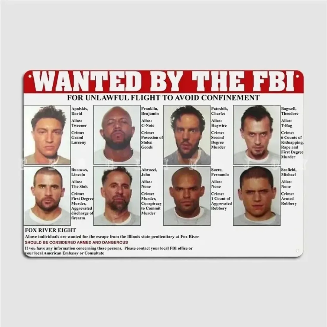 Vintage FBI Wanted Metal Tin Sign – Prison Break Theme Wall Decor for Bar & Man Cave