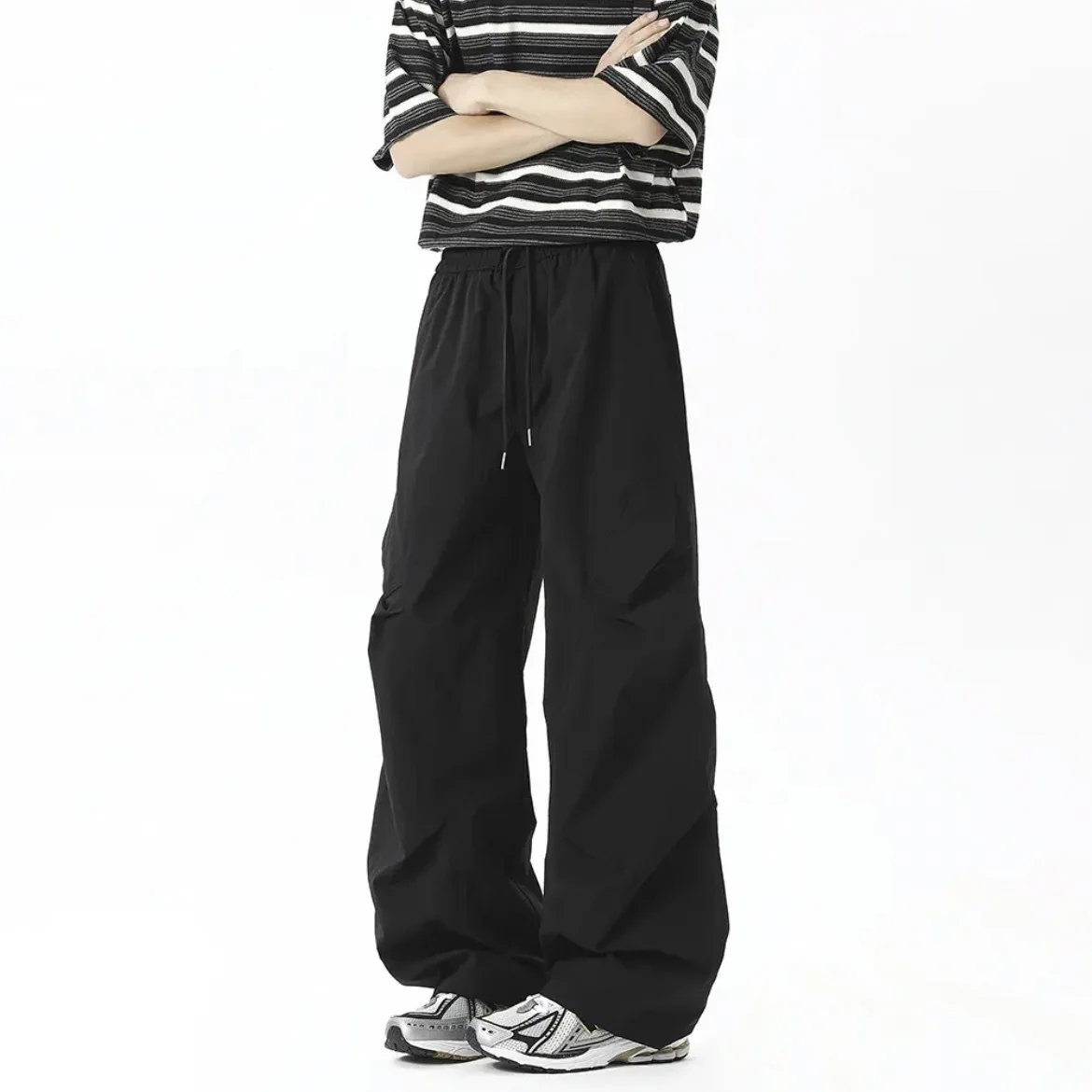 

New Fashion American Vintage Men's Solid Color Drawstring Casual Trendy Simple Basic Loose Wide Leg Cargo Trousers Male Pants