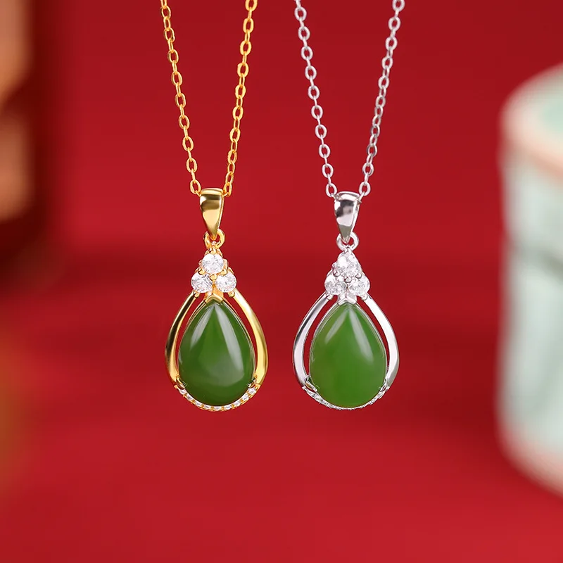 Natural Hetian Jade S925 Sterling Silver Gold-Plated Jadeite Drop Pendant Necklace Ornament