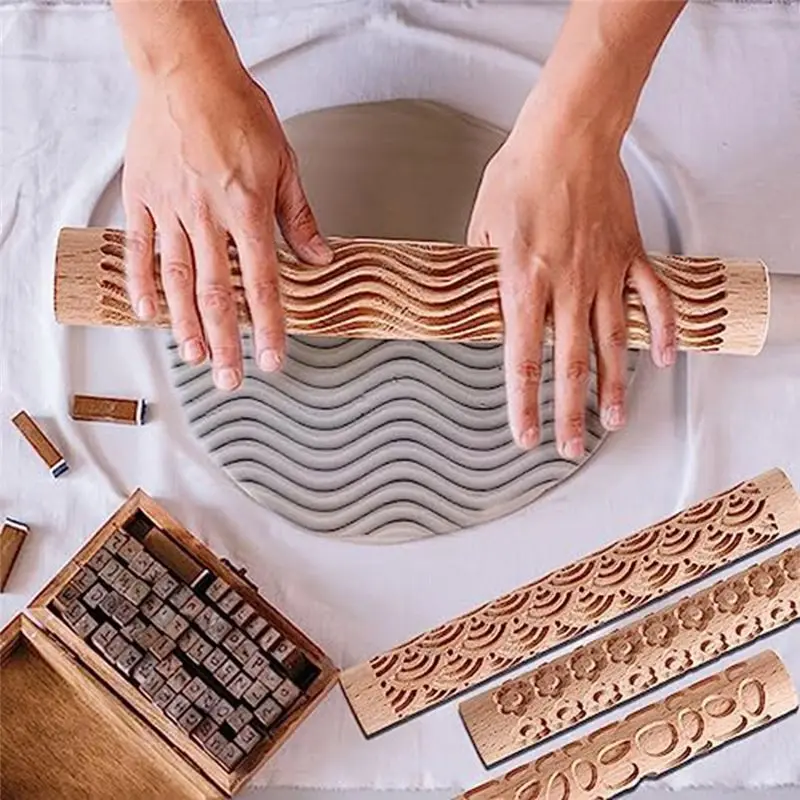 AA83 Set of 6 Wood Clay Modeling Pattern Rollers Kit, Clay Rolling Pin Textured Hand Roller Wooden Handle Pottery Tools Set