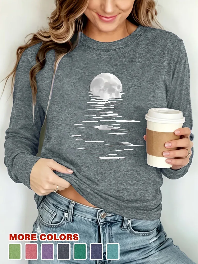 Elegant Gothic Casual Long Sleeve T-shirt Retro Vintage Moon Print Graphic O Neck Loose T Shirt Women Winter Autumn Clothes
