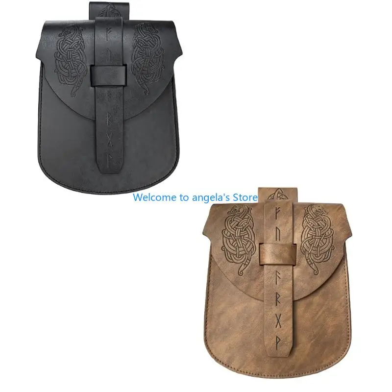 

X4YC Medieval Leather Waist Bag Vintage Embossed Leather Belt Bag Medieval Waist Pack Coin Purse For Men Women Halloween