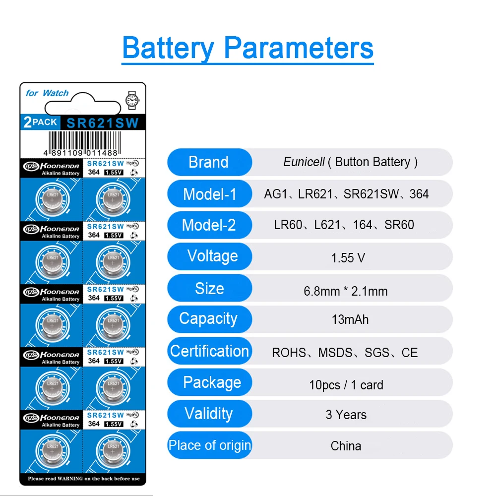 EUNICELL 10PCS-50PCS AG1 364A LR60 SR60 LR621 SR621 SR621SW 364 164 CX60 Alkaline Button Cell 1.5V Watch Batteries 0% Mercury