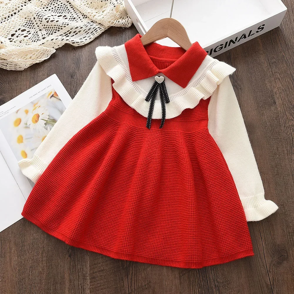 Kids Dresses for Girls Girl\'s Pink Clothing Winter Long Sleeved Love Bow Knitted Princess Dress Flower Girl Dresses