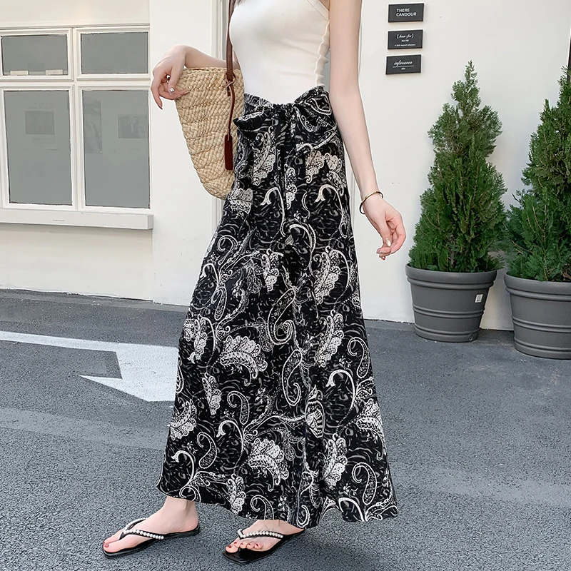 

Женская бандажная юбка с высокой талией и французским принтом, модная повседневная свободная трапециевидная юбка 2025, праздничные винтажные длинные юбки в стиле бохо