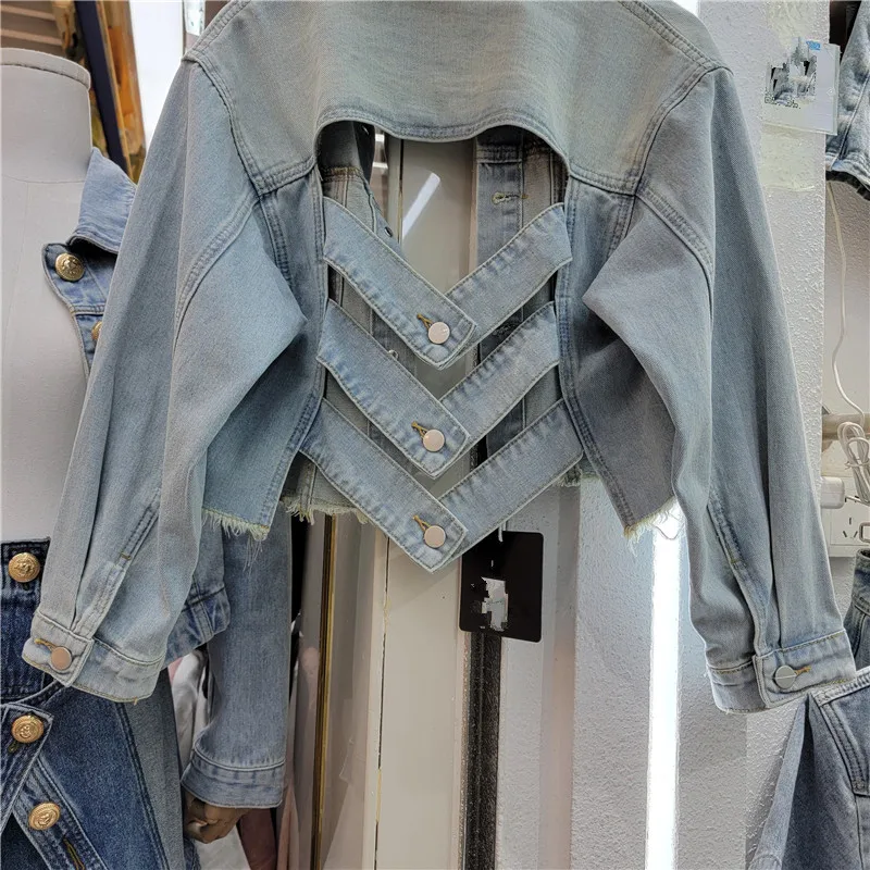 Vintage Short Denim Coat Women\'s 2024Spring New Back Hollow Fashion Jackets Top Design Sense Fried Street Jeans Female Outerwear