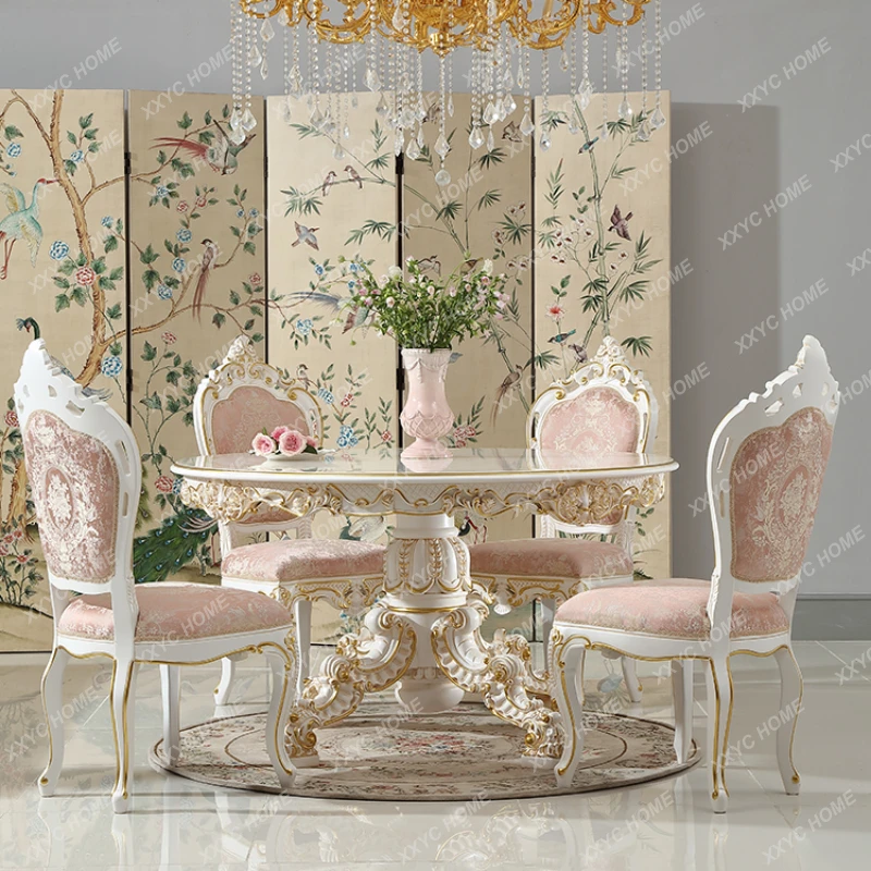 

French round Dining Tables and Chairs Set Carved Restaurant Luxury Furniture European Solid Wood Dining Table round Dining Table