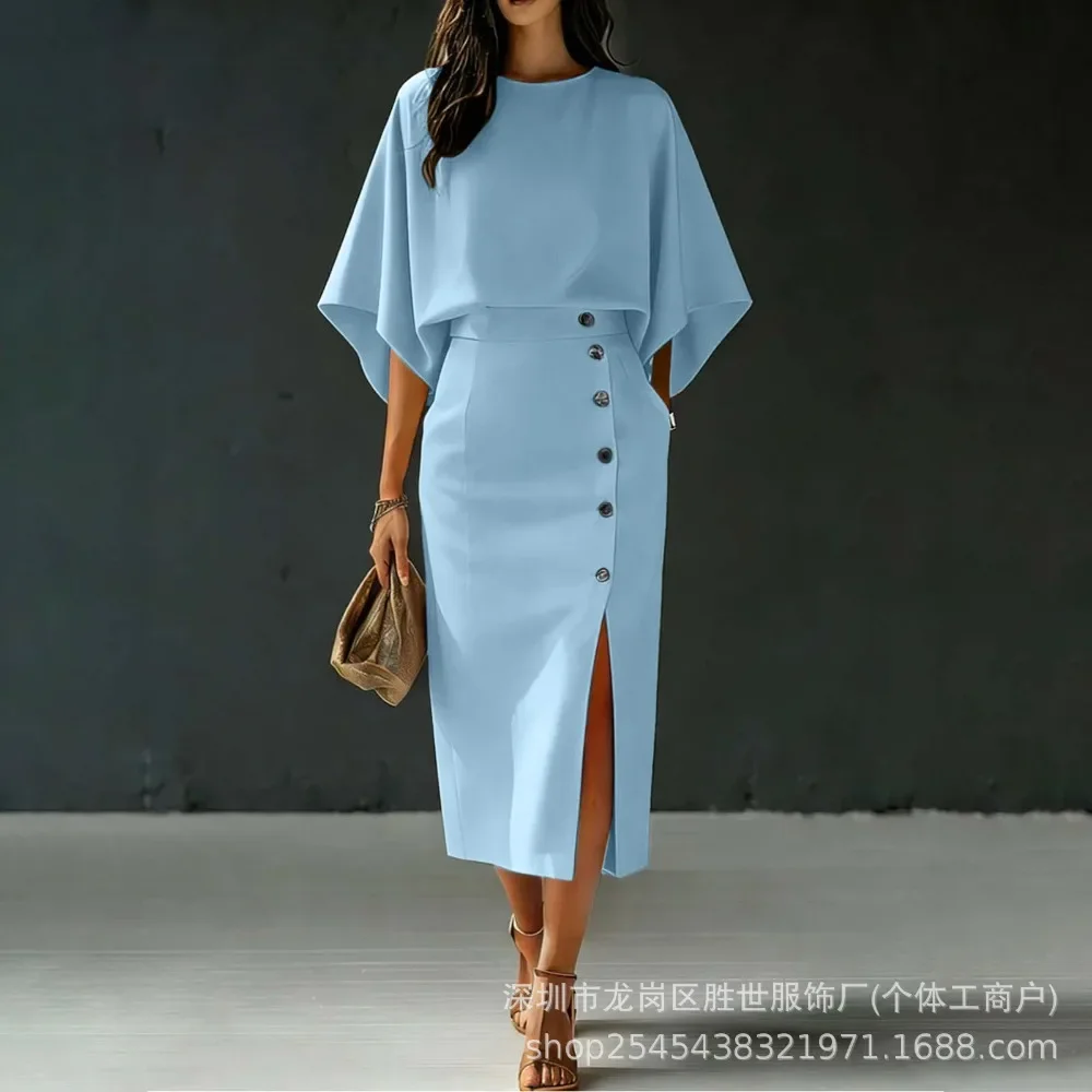 Women Batwing Sleeve Round Neck Top High Waist Button Detail Dress Elegant Soft Breathable Flattering Comfy Daily Office Lady