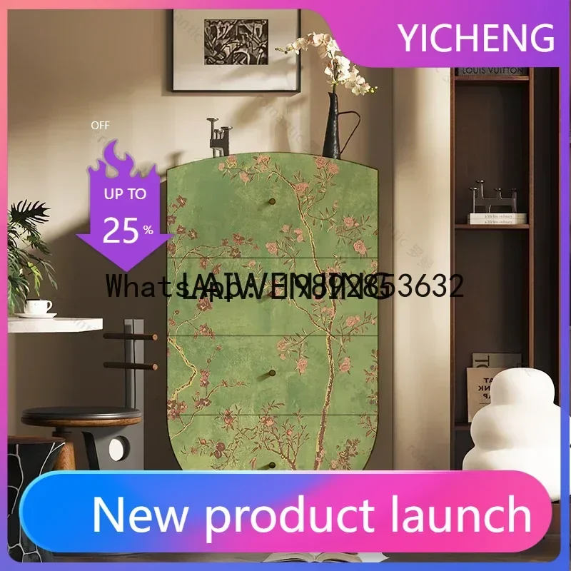 

LYY retro flower and bird picture solid wood living room entrance four chest cabinet storage decorative cabinet