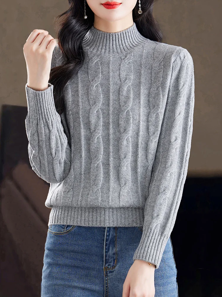 Suéter de Lã Quente e Espo para Mulheres, Csa Base Tricotada de Gola Alta Solta, Estilo Novo de Moda para Outono e Inverno