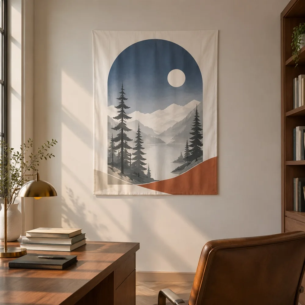 VIKAMA Minimal Pine Silhouette Framed Panel Tapestry Wall Hanging, Nordic Wall Decor Tapestries for Nursery Kids Room Bedroom