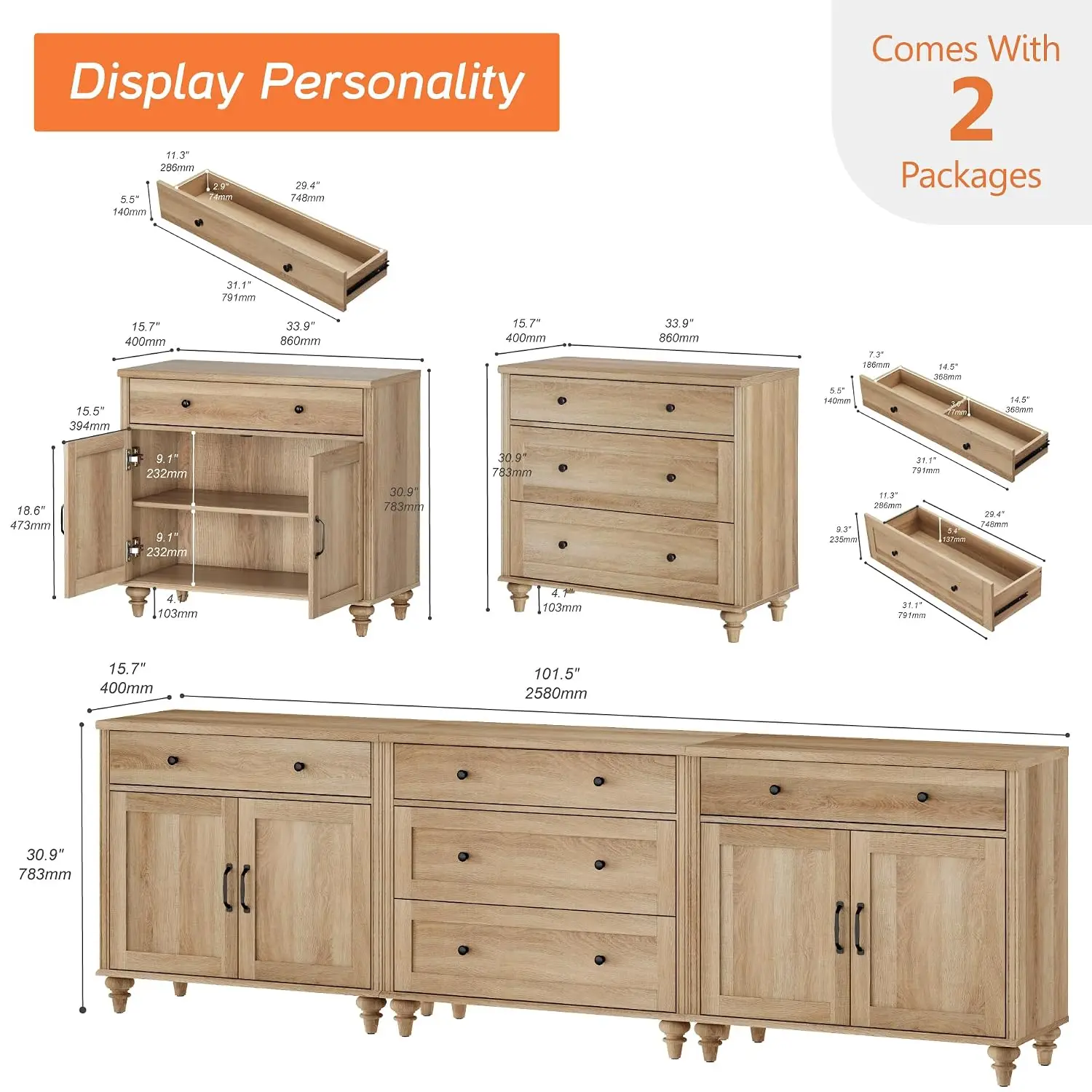 Farmhouse TV Stand With 5 Drawers & 4 Doors, Entertainment Center For 75-100 Inch TV, Dining Room, Oak, Customized