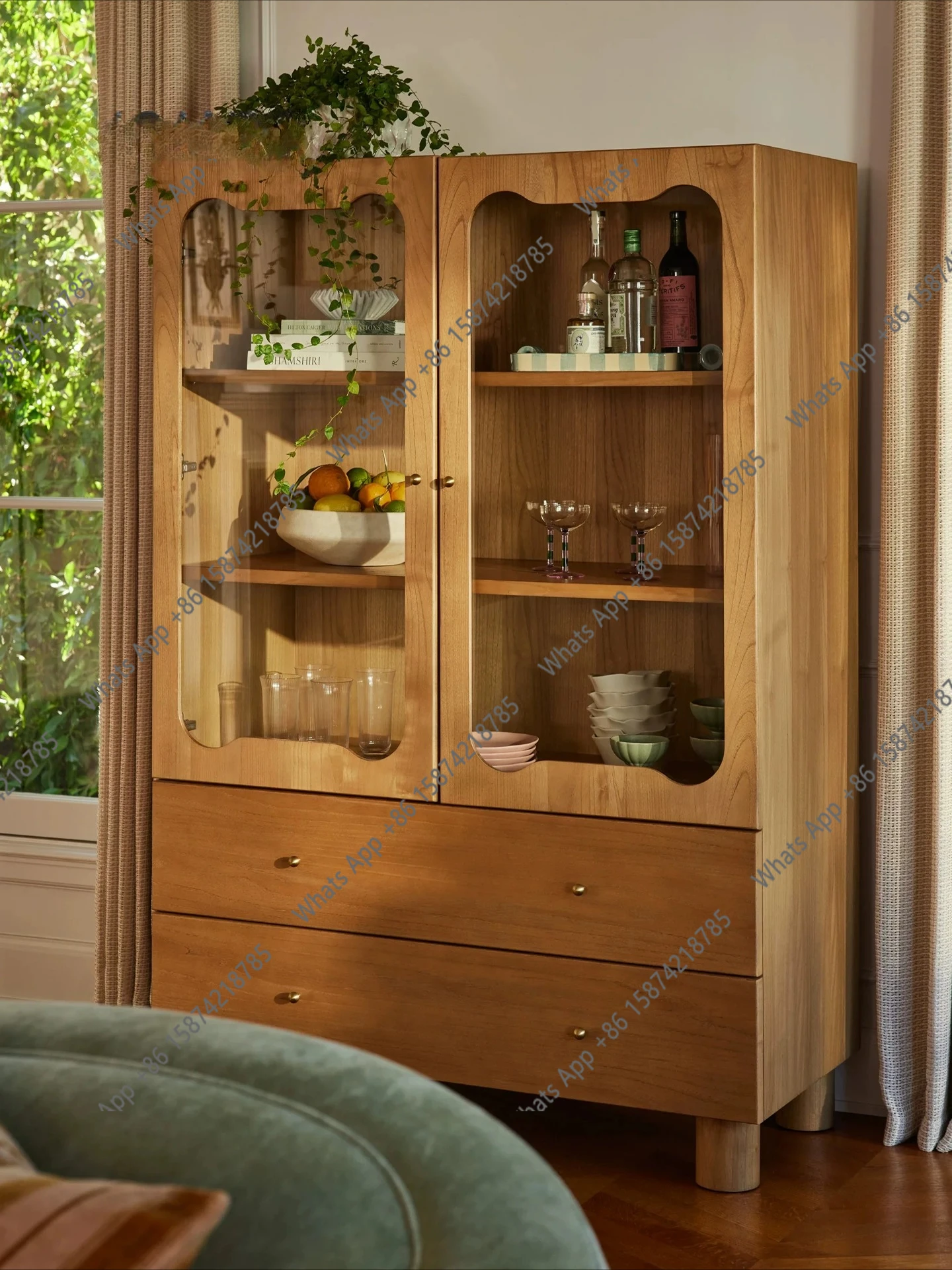 Designer solid wood bookcase, side living room, second-hand cabinet, light luxury, cloud high cabinet, glass bucket, second-hand