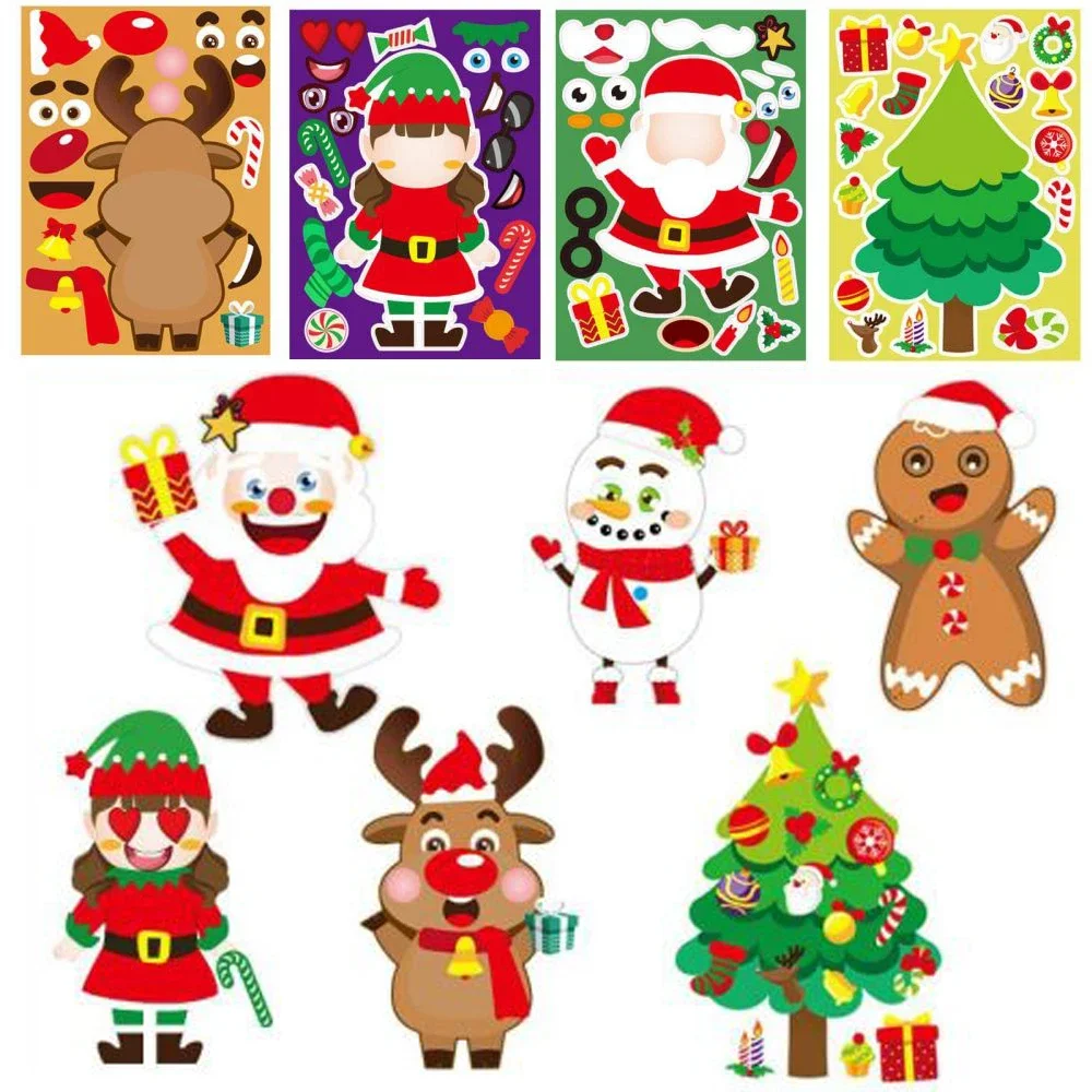 12Sheets Christmas Stickers Activities DIY Puzzle Santa Claus Snowman Christmas Tree Socks Face Assemble Stickers Kids Gifts