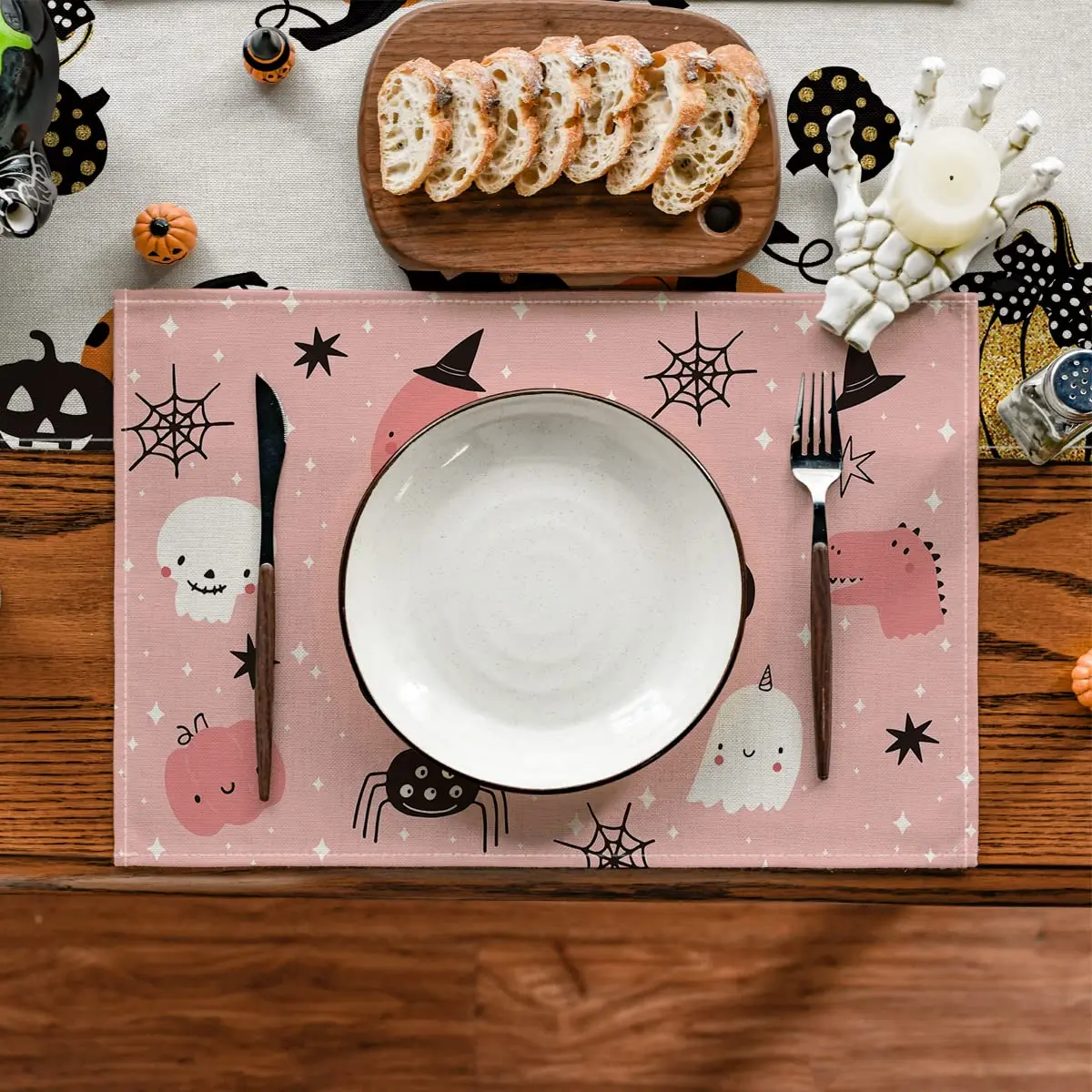 Halloween Placemats Set of 4,Pink Ghost,Spider Web,Moon,Bat,Spooky,Birthday Table Mats for Party, Dining Decoration, 12x18 Inch