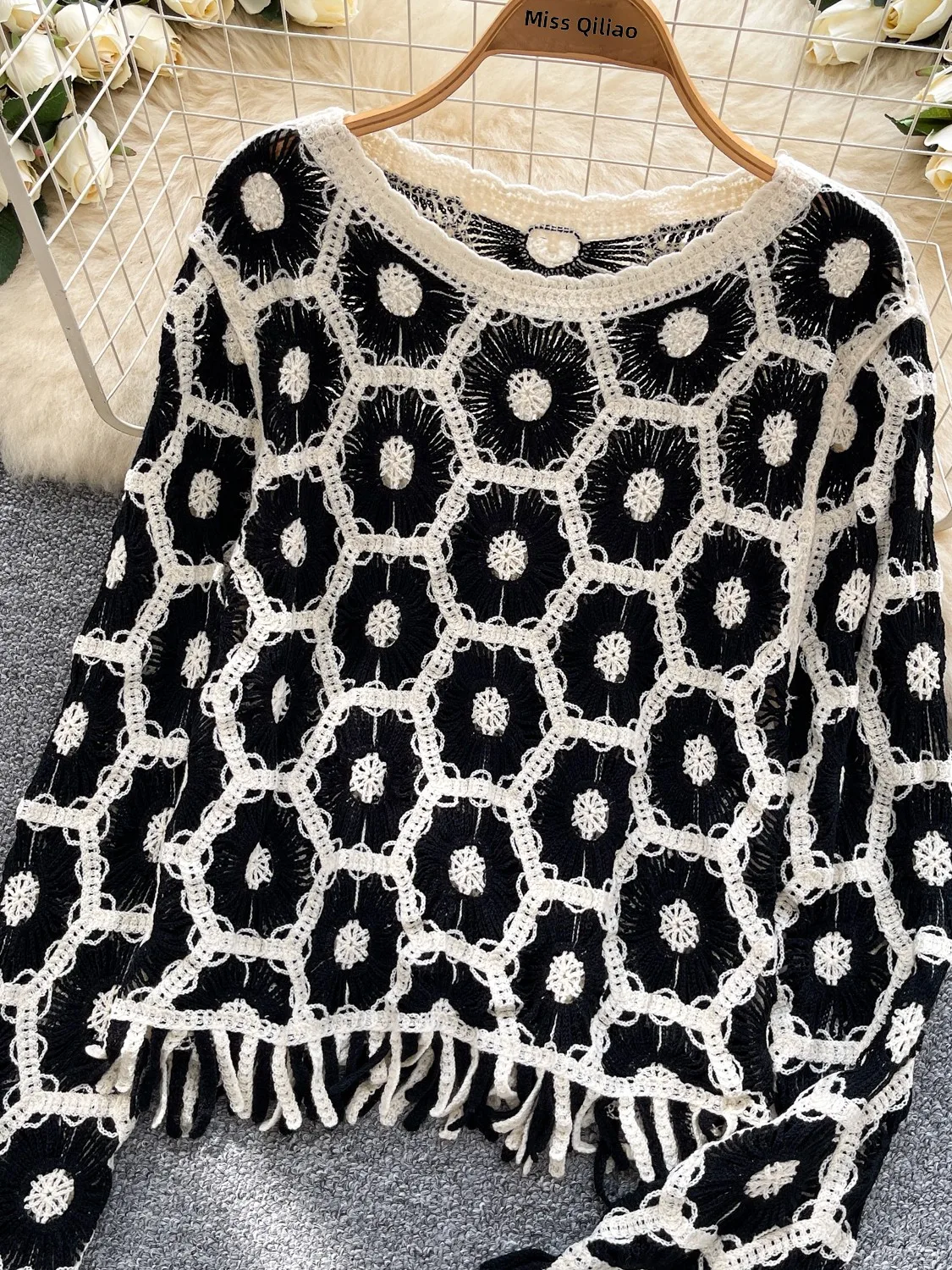 Sweet Sle Long Sve Knitted Cover up Women's Faion Thin Outerwear Tassel Trim V-Ne Loose Fit Autumn Seasonal Top