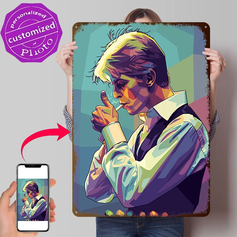 David Bowie Lighting a Cigarette Poster Retro 3D Printed Metal Signs Customized Wall Hanging Gift for Home Decor Ornaments Art