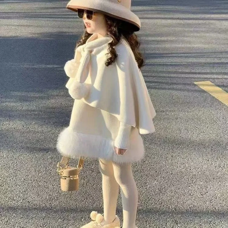 Girls' Wool Set Autumn and Winter New Fashion Princess Style Children's Cape Jacket Plush Vest Skirt Two-piece Set