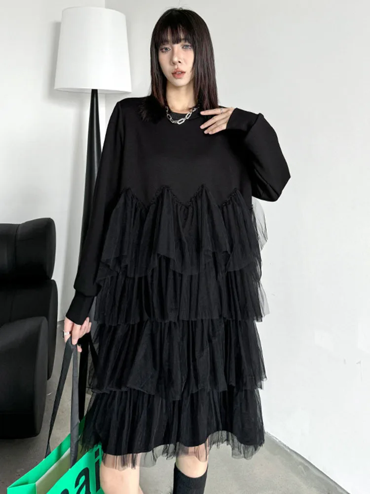 [EAM] Women Black Mesh Spliced Elegant Big Size Mini Dress New Round Neck Long Sleeve Fashion Tide Spring Autumn 2024 1DH6860