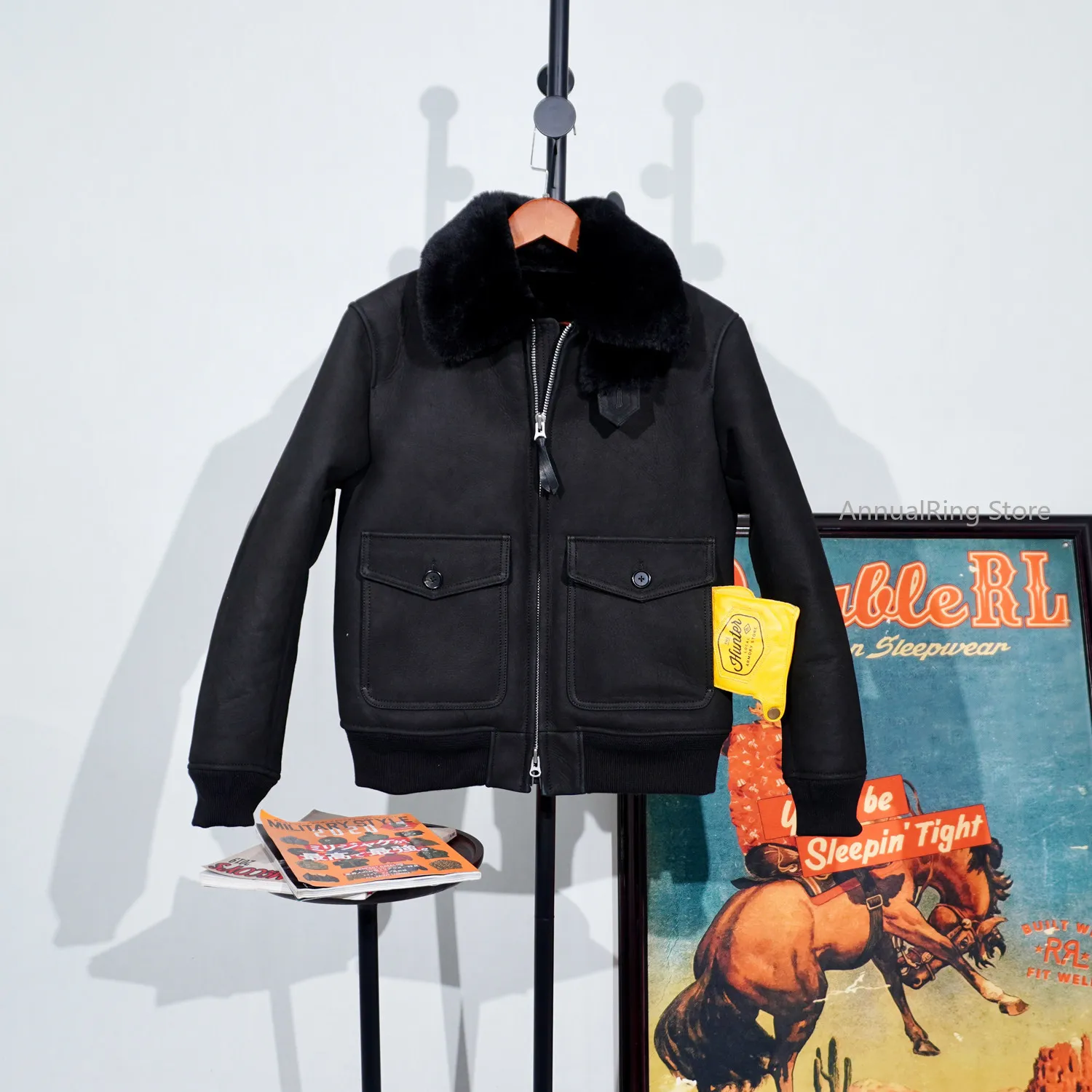 Soft Sheepskin with Wool.100% Natural Genuine Leather Fur Coat.Classic Bomber G1 Style Shearling Jacket.Luxury Cool