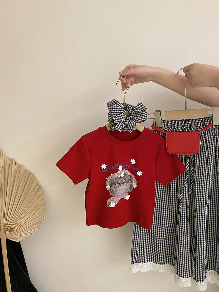 

Girls' Printed Cute Flower Cat Short SleeveTT-shirt2025Versatile Plaid Casual Loose Pants Two-Piece Set
