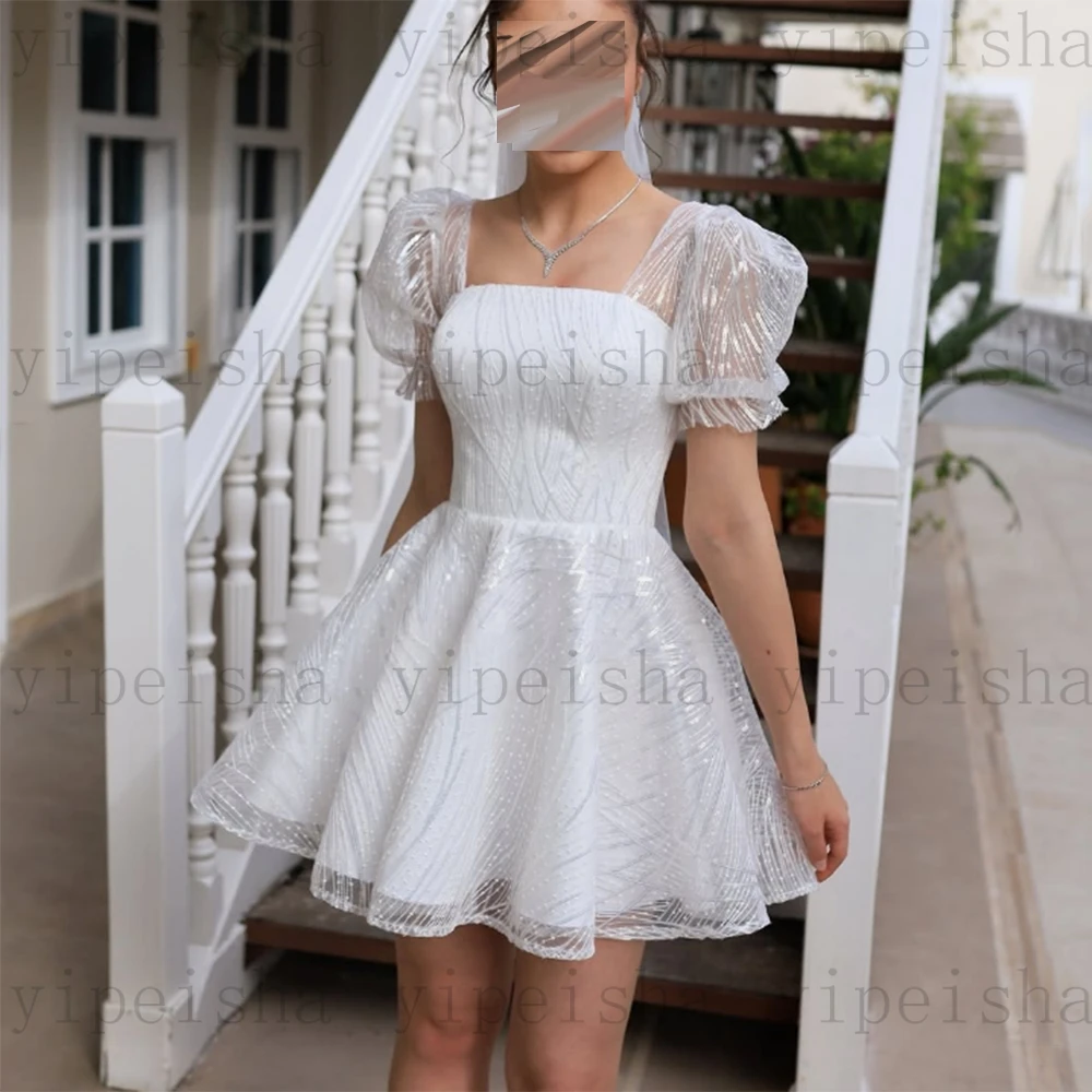 Мини-платье для выпускного вечера с квадратным воротником по индивидуальному заказу, белое трапециевидное кружевное вечернее платье с короткими рукавами и открытой спиной, простое летнее коктейльное платье