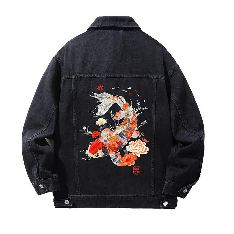 

Denim Jacket Man Vintage Embroidery Jeans Jacket Women Chinese Brocaded Carp Original High Quality Denim Coat Fashion Streetwear