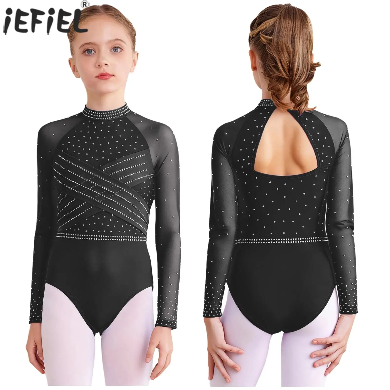 

Купальник для балета и танцев, гимнастики, блестящие стразы, прозрачная сетка, боди с длинными рукавами, костюм для фигурного катания, акробатики