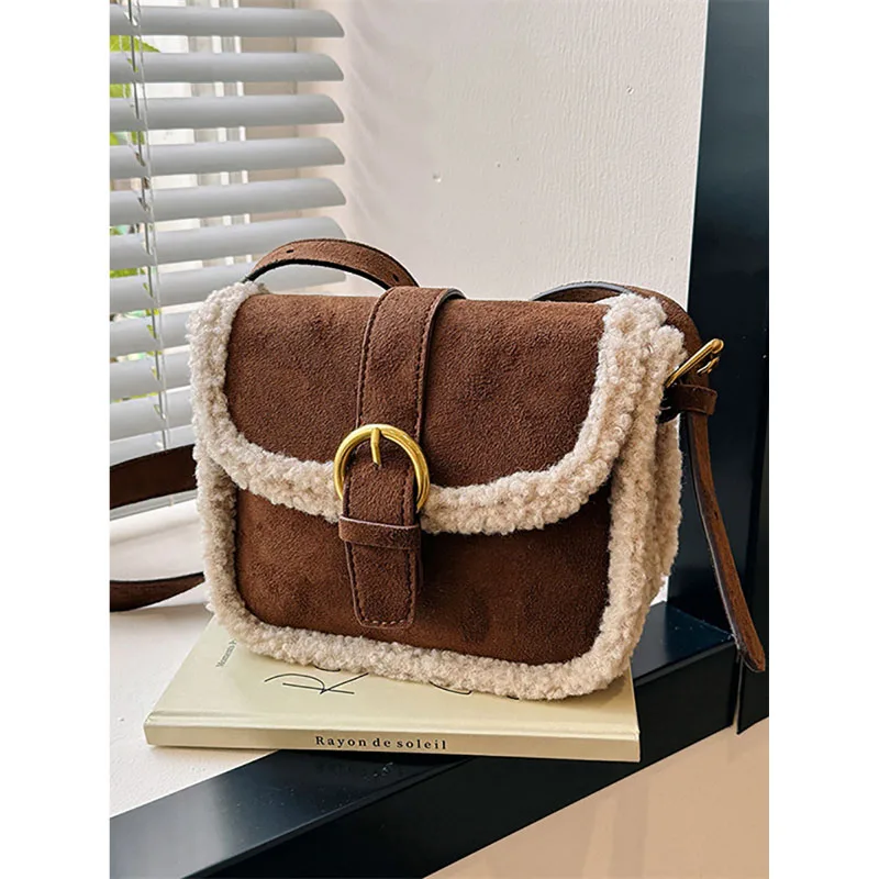 Maillard Style 2023 Winter Women New Crossbody Bag Faux Suede Lamb Wool Splice Shoulder Bags Niche Frosted Retro Mini Square Bag