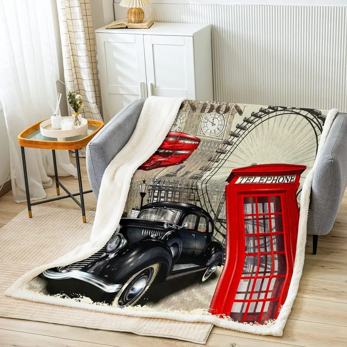 London Kids Throw Blanket,Telephone Booth Big Ben Vintage Car Bed Blanket for Boys Girls Adults,Famous Urban