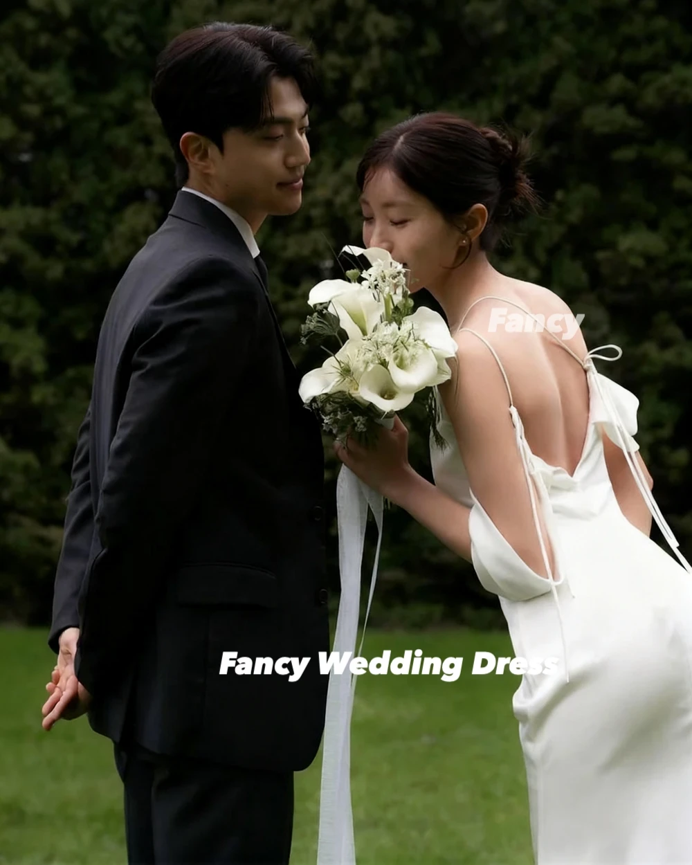 Fantaisie élégante une épaule corée robes de mariée personnalisé bretelles Spaghetti sirène robe de mariée crêpe séance photo robe de mariée