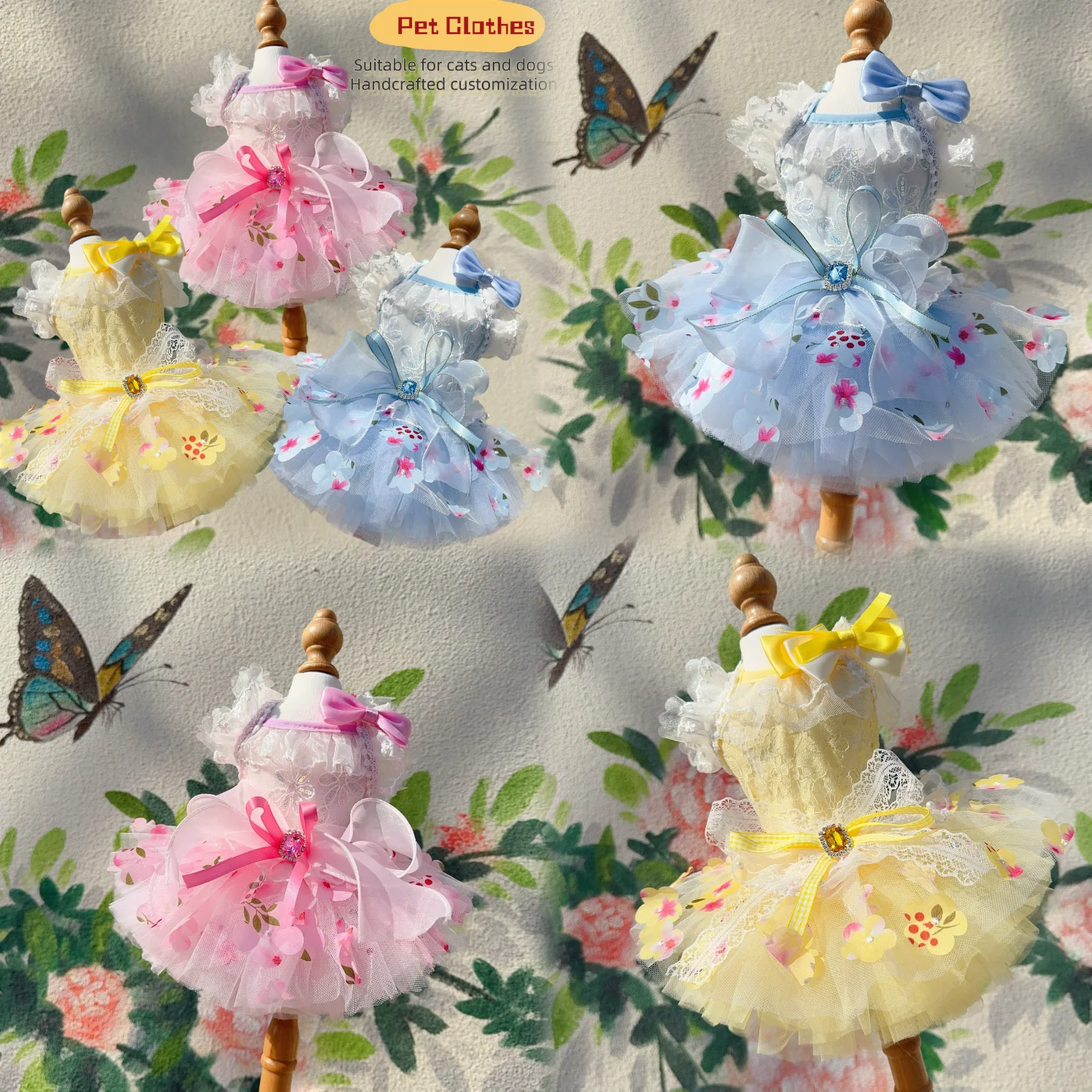 

Spring And Summer Pink Blue Yellow Lace Pet Dress with Flower Bow for Small Medium Dogs