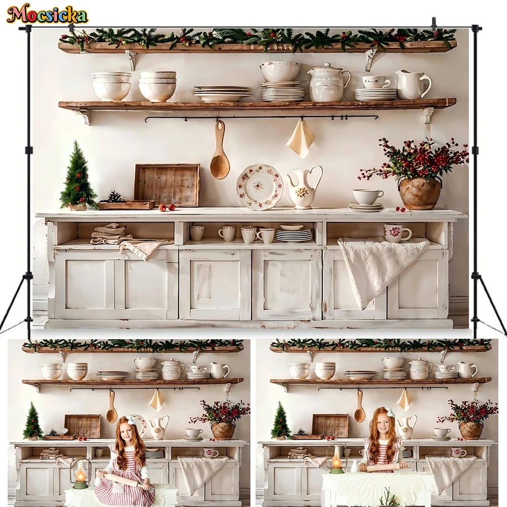 Christmas Kitchen Background Photography Rustic Wooden Cabinets Xmas Tree Wreath Backdrop Decor Family Kid Birthday Photo Studio