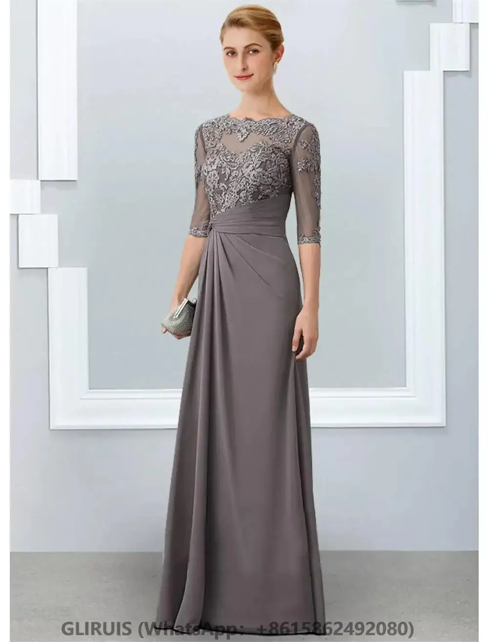 A-line Gray Mother of the Bride Dress  Jewel Neck Floor Length Chiffon Half Sleeves Appliques Lace Wedding Party Customized