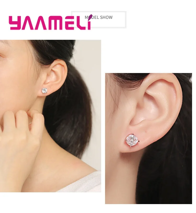 Shining Men Women 925 Sterling Silver Cubic Zircon Stud Earrings Four Claws Prong Setting Ear Jewelry 4mm/5mm/6mm/7mm/8mm