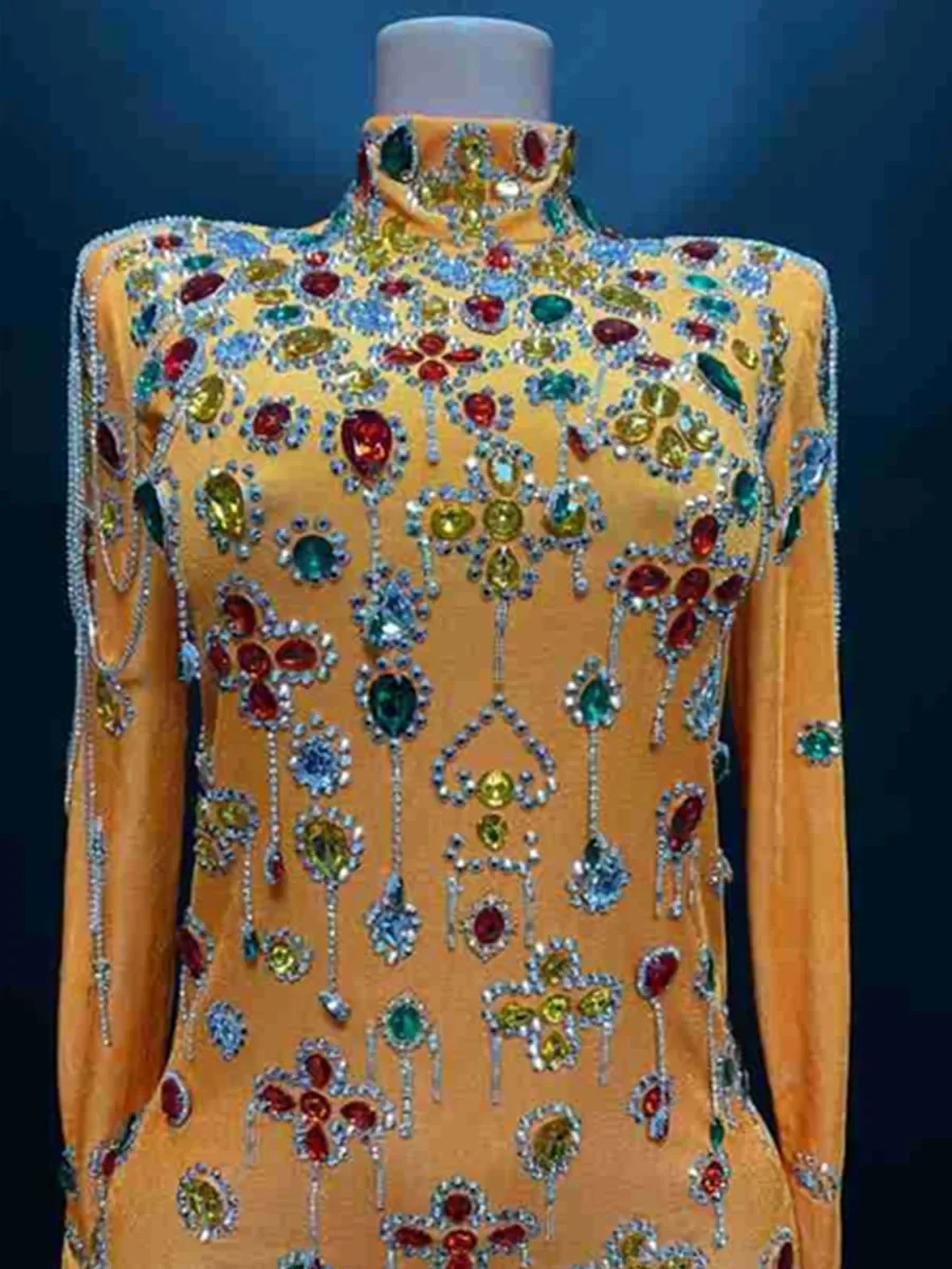 Luxe scintillant Champagne grand cristal Transparent longue robe de Train ensemble robe de célébration d'anniversaire robe de soirée robe de danse de mariage