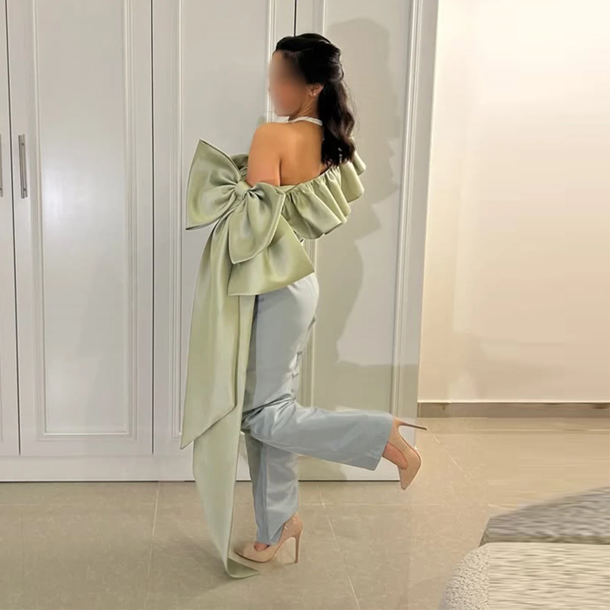 

Gorgeous Off The Shoulder Satin Jumpsuit Green And Blue Ruffles Big Bow Style Girls Formal Party Gowns Long Pants Formal Wear