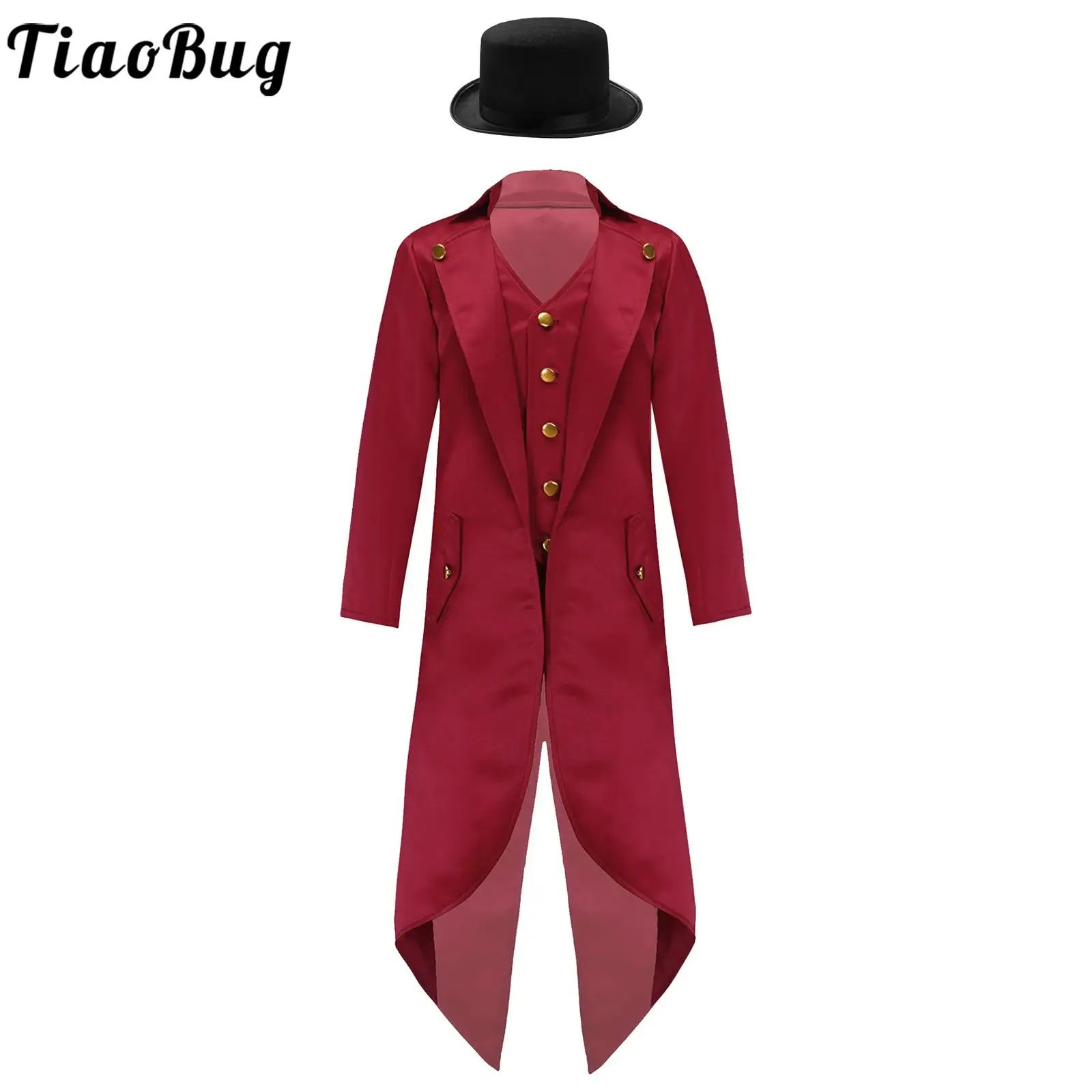 

Kids Renaissance Victorian Costume Girls Boys Magician Ringmaster Circus Jacket Halloween Party Cosplay Tailcoat with Felt Hat