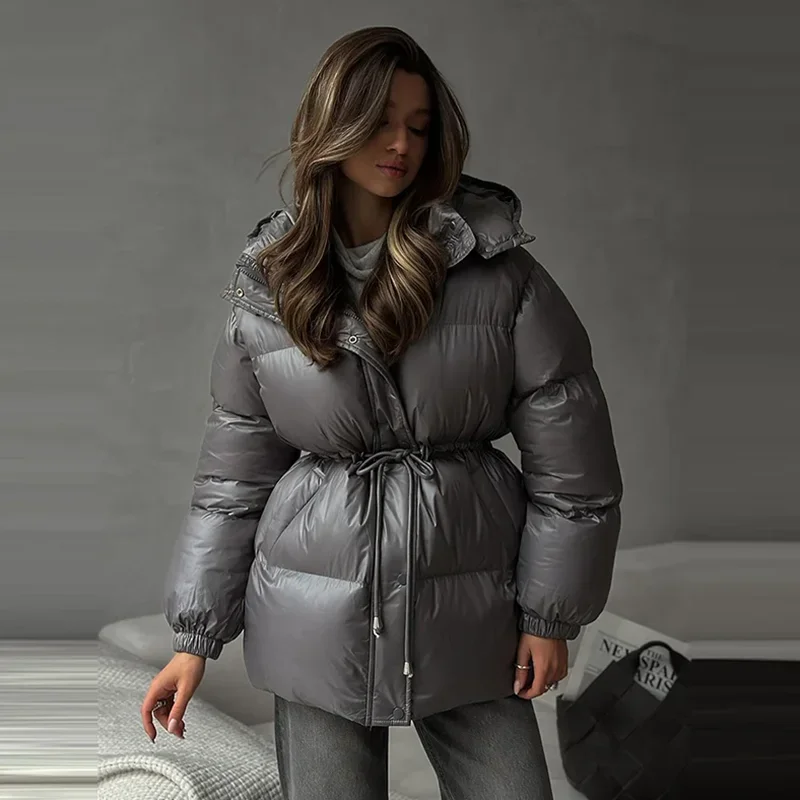 

Winter Women Zipper Hooded Quilted Jacket Casual Long Sleeve Pockets Oversize Warm Coats Zipper Drawstring Mid Length Coat