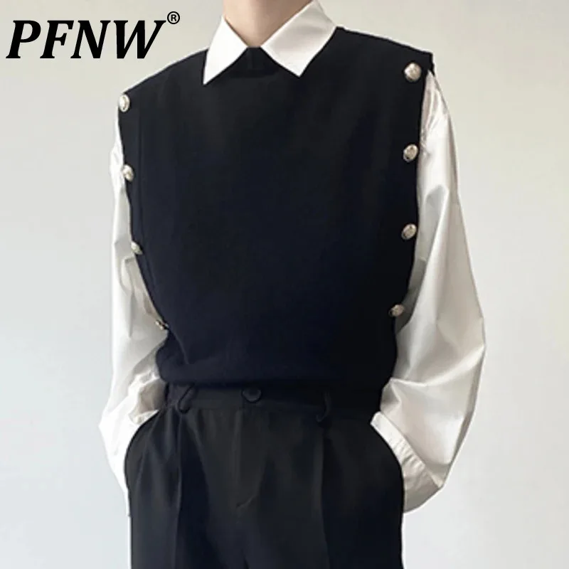 

PFNW Menswear Preppy Style Fashion Chic Button Spliced Knitting Pullovers Men's New Round Neck Sweater Vest Autumn Winter 2024