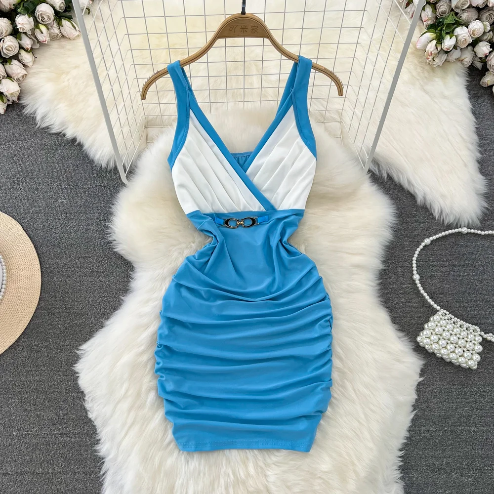 Summer Women Color Match Spaghetti Strap Bodycon Dress Sexy V Neck Sleeveless Slim High Waist Pleated Club Party Dress Vestidos