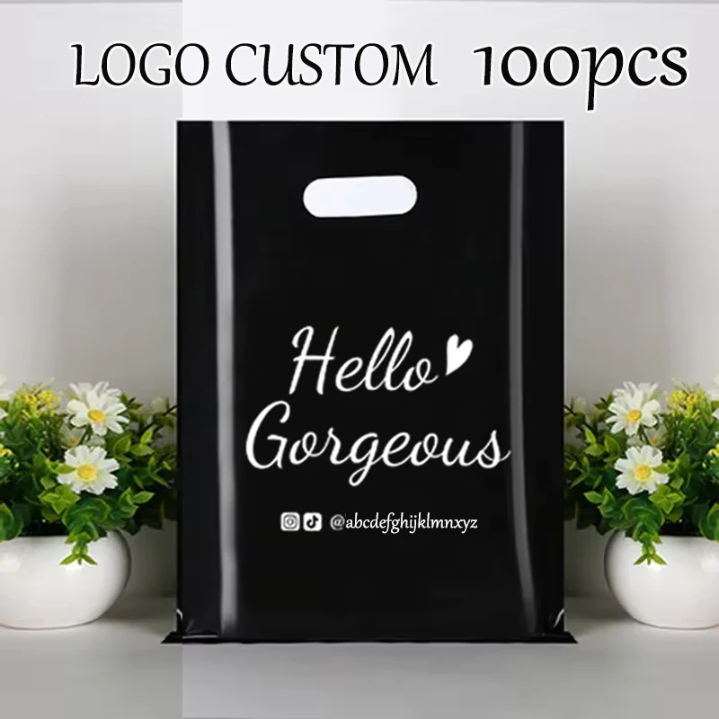 100Pcs Plastic Shopping Bag Custom Logo Waterproof Candy Bags For Birthday Wedding Party Favors Packaging Bag